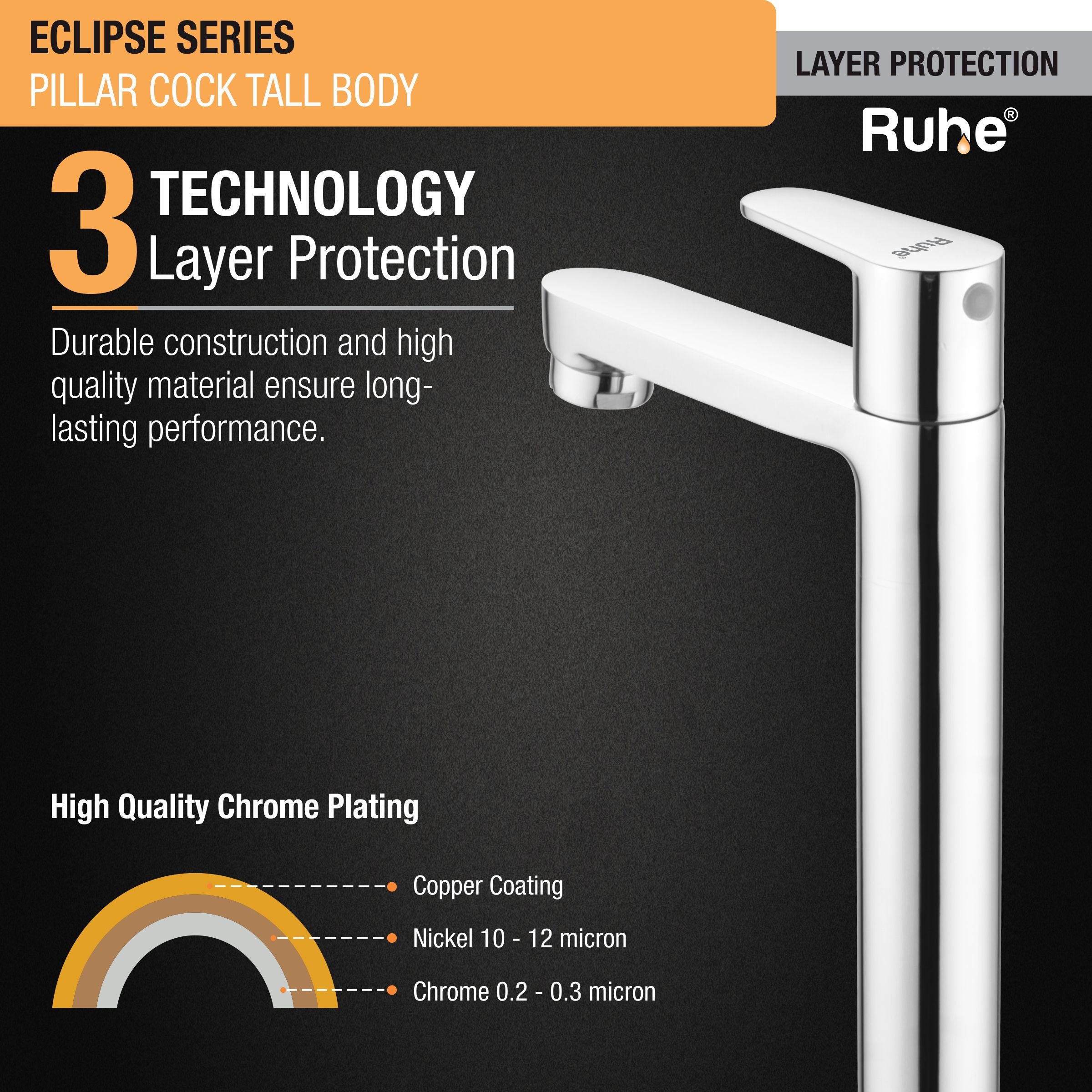 Eclipse Pillar Tap Tall Body Brass Faucet 3 layer protection