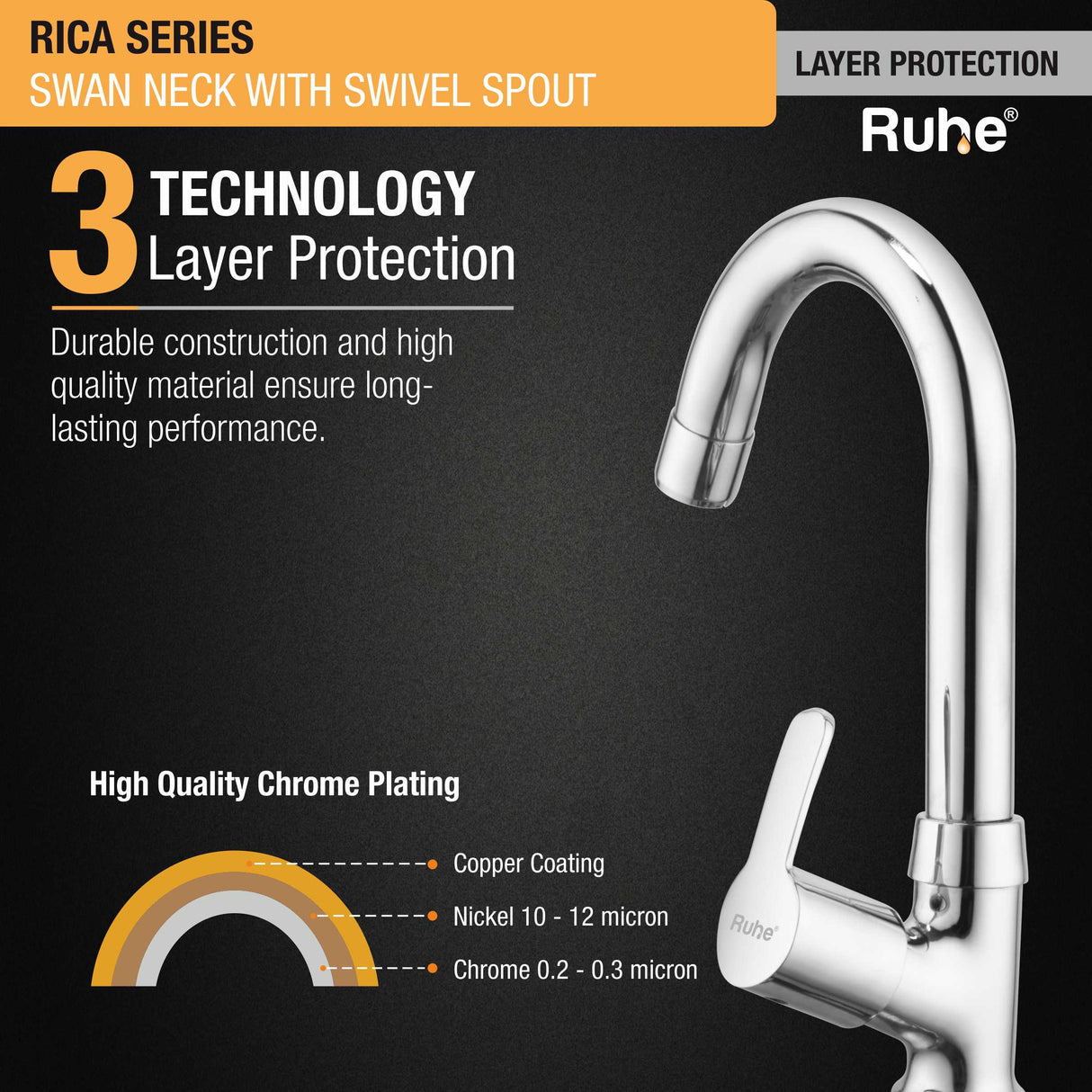 Rica Swan Neck with Small (12 inches) Round Swivel Spout Brass Faucet 3 layer protection