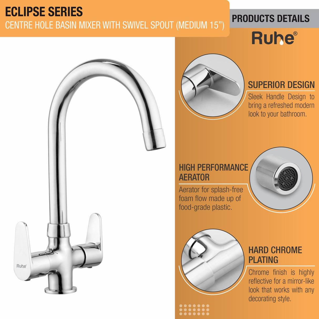Eclipse Centre Hole Basin Mixer with Medium (15 inches) Round Swivel Spout Faucet product details