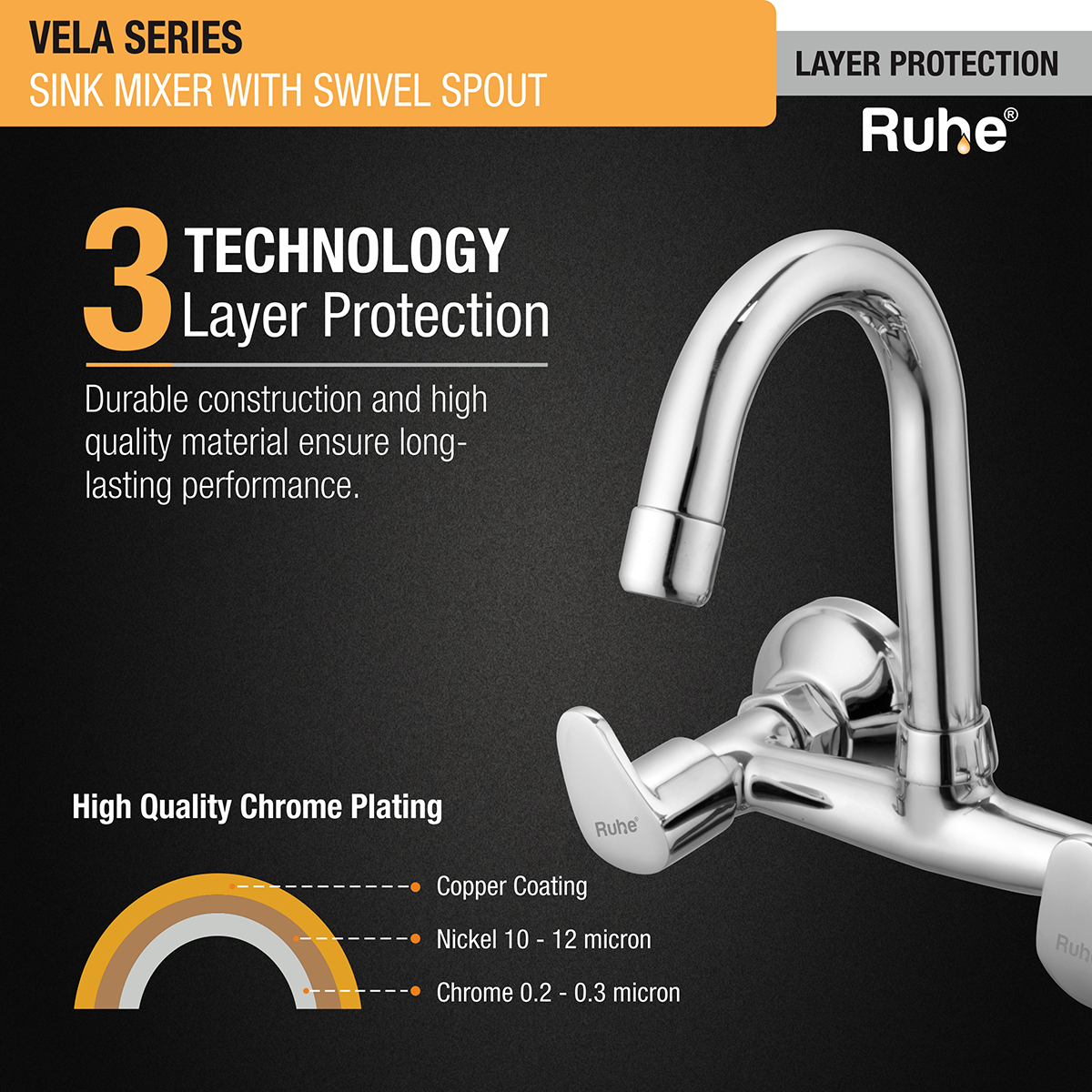 Vela Sink Mixer with Small (7 inches) Round Swivel Spout Faucet 3 layer protection