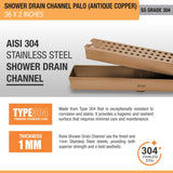 Palo Shower Drain Channel (36 x 2 Inches) ROSE GOLD/ANTIQUE COPPER stainless steel