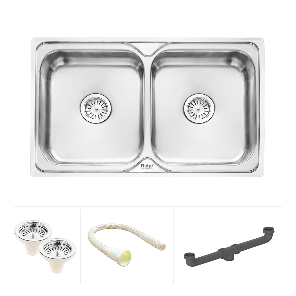 Square Double Bowl 304-Grade (32 x 20 x 8 inches) Kitchen Sink - by Ruhe