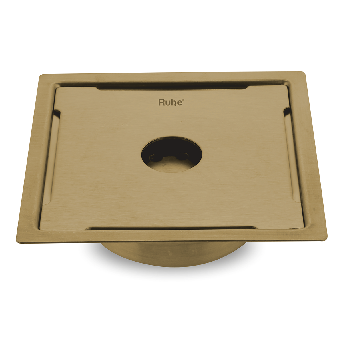 Diamond Square Flat Cut Floor Drain in Yellow Gold PVD Coating (5 x 5 Inches) with Hole