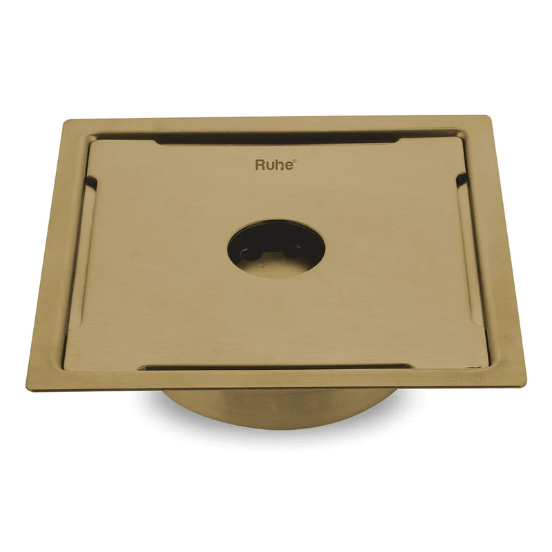 Diamond Square Flat Cut Floor Drain in Yellow Gold PVD Coating (5 x 5 Inches) with Hole - by Ruhe