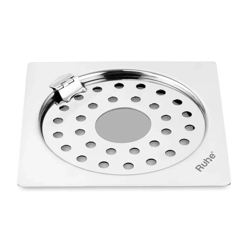 Plain Neon Square Flat Cut Floor Drain (5 x 5 inches) with Hinged Grating Top and Hole - by Ruhe