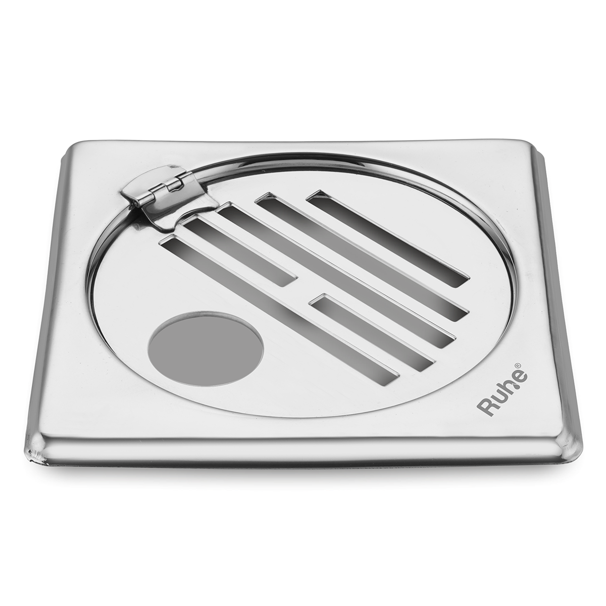 Classic Neon Square Floor Drain (5 x 5 inches) with Hole and Hinged Grating Top - by Ruhe®