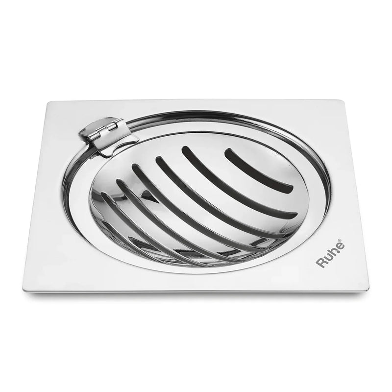 Vertical Neon Square Flat Cut Floor Drain (6 x 6 inches) with Hinged Grating Top- by Ruhe