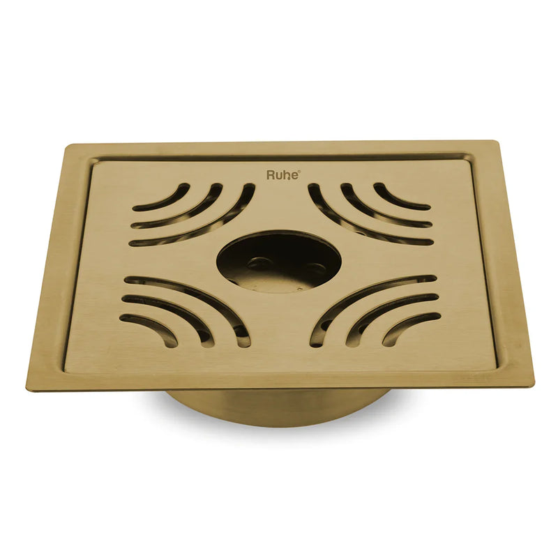Emerald Square Flat Cut Floor Drain in Yellow Gold PVD Coating (5 x 5 Inches) with Hole - by Ruhe