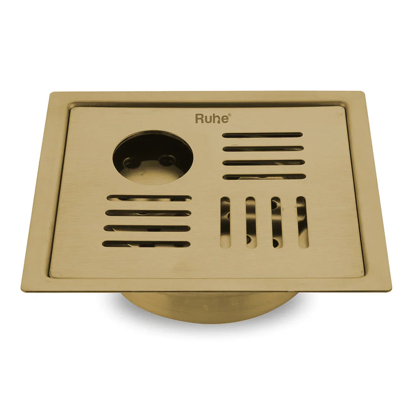 Ruby Square Flat Cut Floor Drain in Yellow Gold PVD Coating (5 x 5 Inches) with Hole - by Ruhe