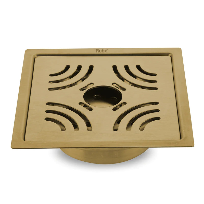 Emerald Square Flat Cut Floor Drain in Yellow Gold PVD Coating (6 x 6 Inches) with Hole - by Ruhe