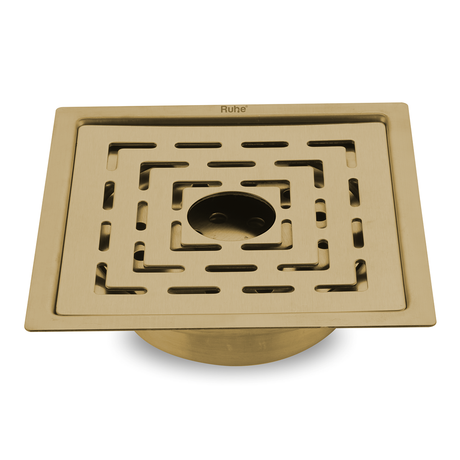 Sapphire Square Flat Cut Floor Drain in Yellow Gold PVD Coating (5 x 5 Inches) with Hole