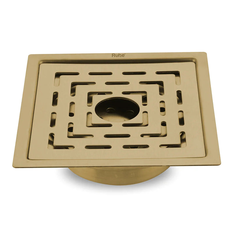 Sapphire Square Flat Cut Floor Drain in Yellow Gold PVD Coating (5 x 5 Inches) with Hole - by Ruhe