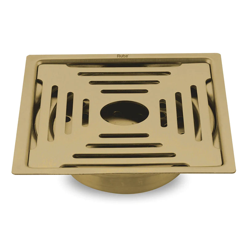 Opal Square Flat Cut Floor Drain in Yellow Gold PVD Coating (6 x 6 Inches) with Hole - by Ruhe