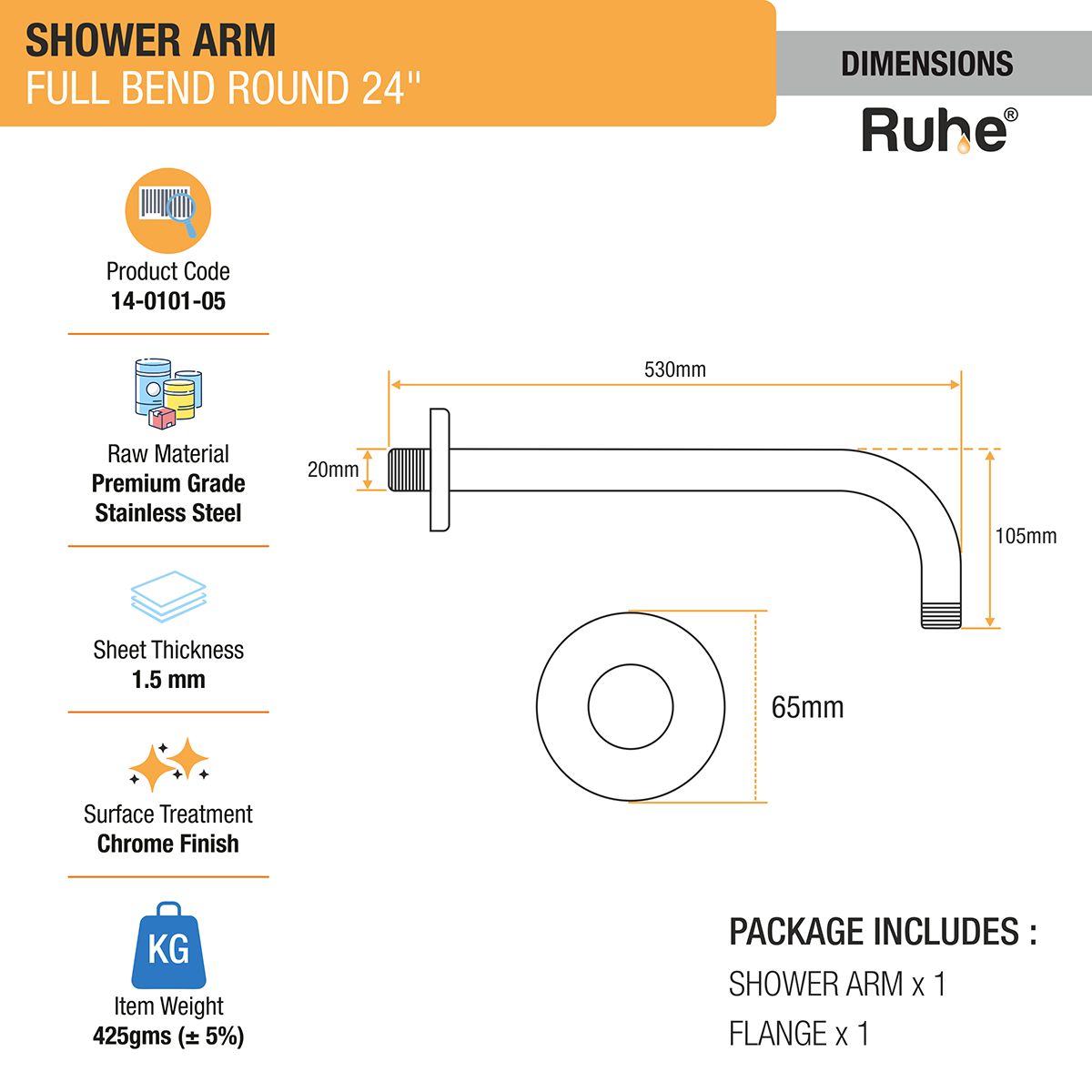 Round Full Bend Shower Arm (24 Inches) with Flange - by Ruhe