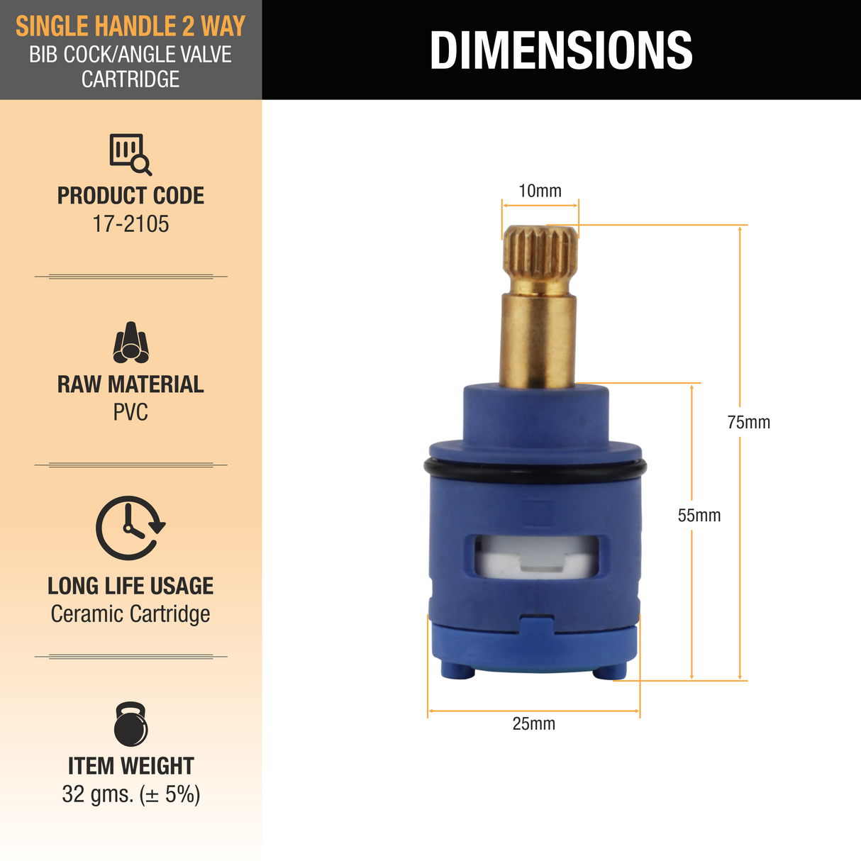 Single Handle 2 Way Bib Tap/Angle Valve Cartridge (Pack of 2) dimensions and size