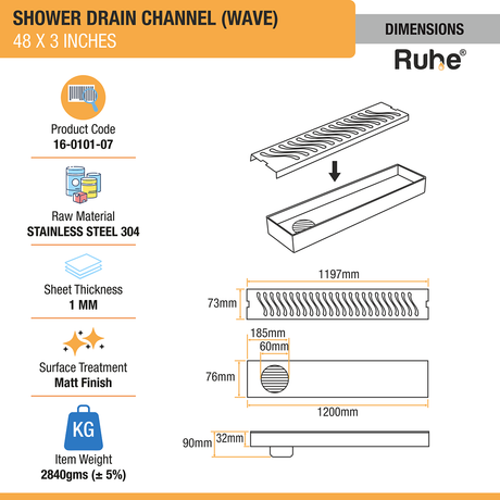 Wave Shower Drain Channel (48 X 3 Inches) with Cockroach Trap (304 Grade) dimensions and size