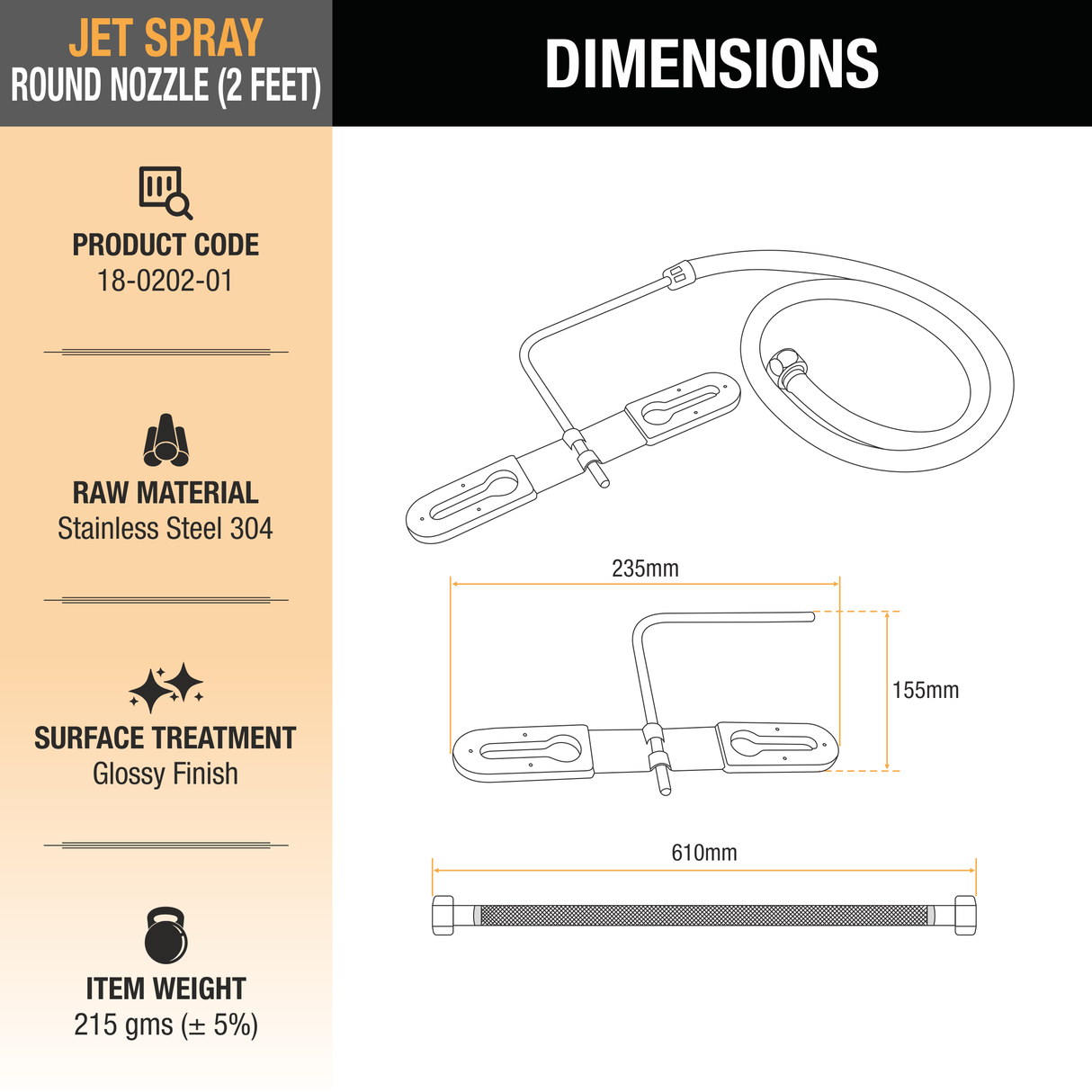 Jet Spray 304-Grade Round Nozzle with 2 Feet Tube - by Ruhe®