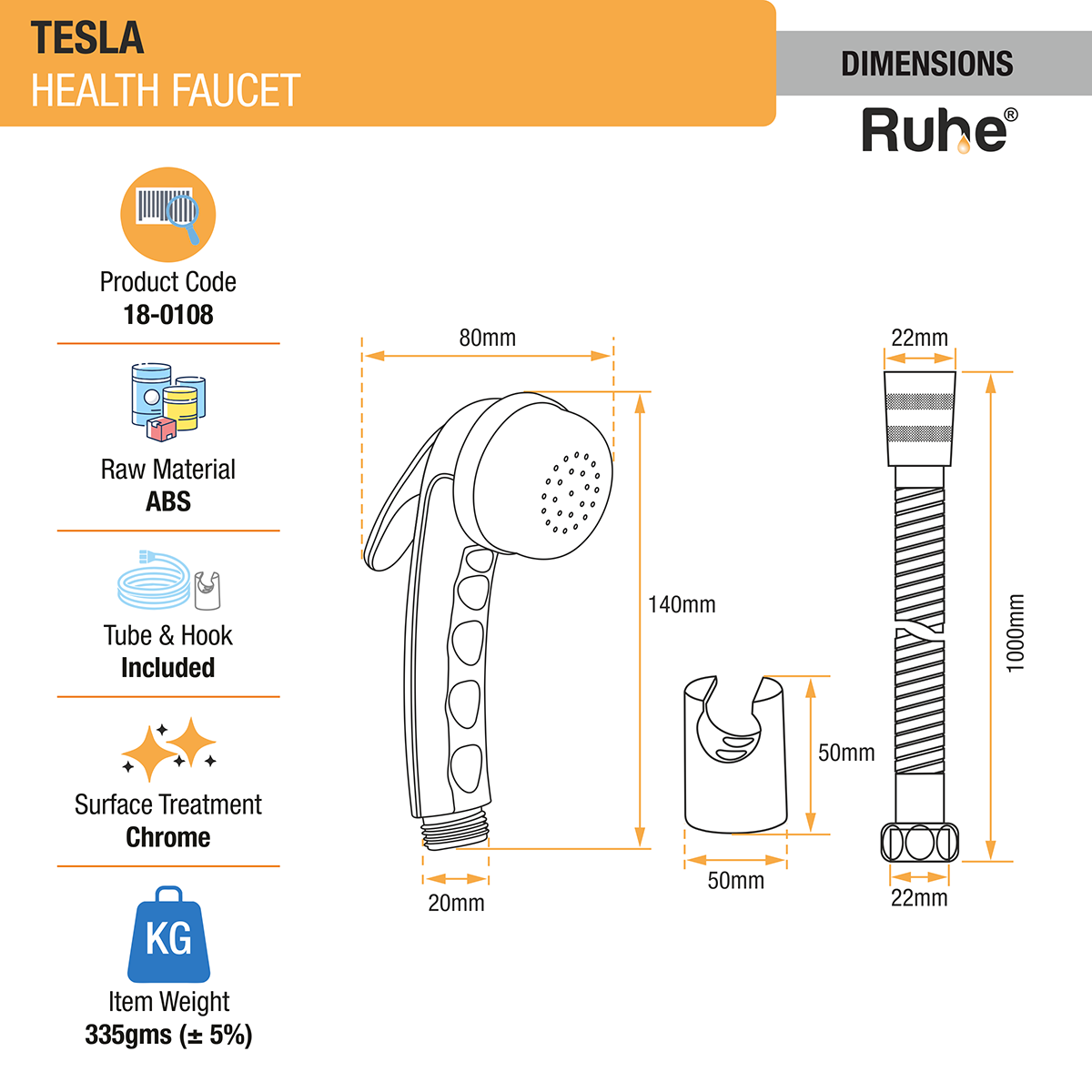 Tesla Health Faucet with Braided 1 Meter Flexible Hose (304 Grade) and Hook - by Ruhe®