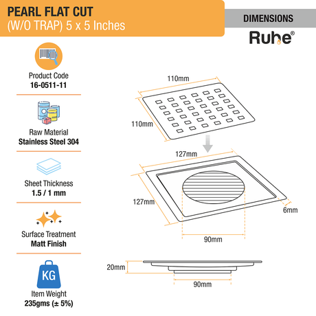 Pearl Square Flat Cut 304-Grade Floor Drain (5 x 5 Inches) dimensions and sizes