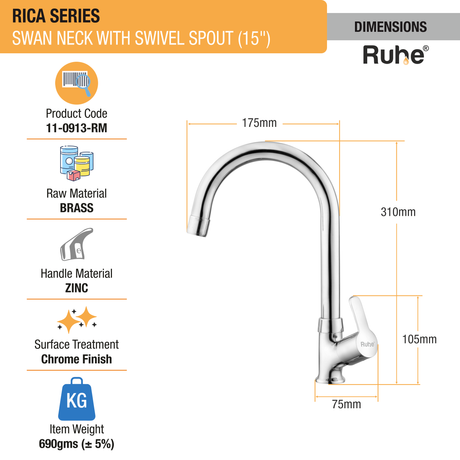 Rica Swan Neck with Medium (15 inches) Round Swivel Spout Faucet sizes