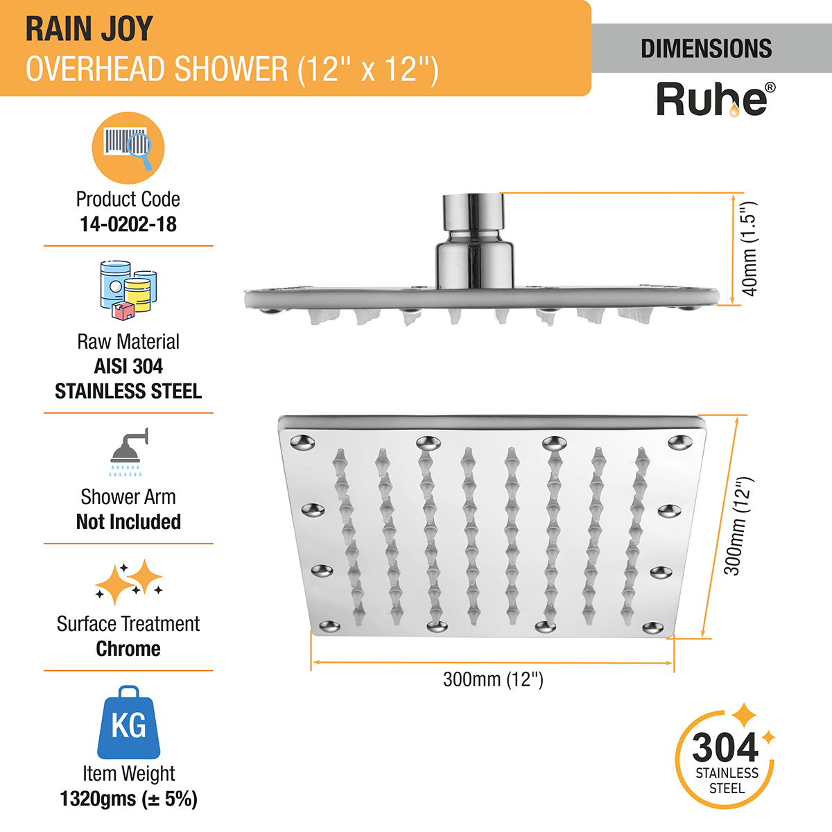 Rain Joy 304-Grade Overhead Shower (12 x 12 Inches) dimensions and sizes