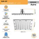 Rain Joy 304-Grade Overhead Shower (12 x 12 Inches) dimensions and sizes