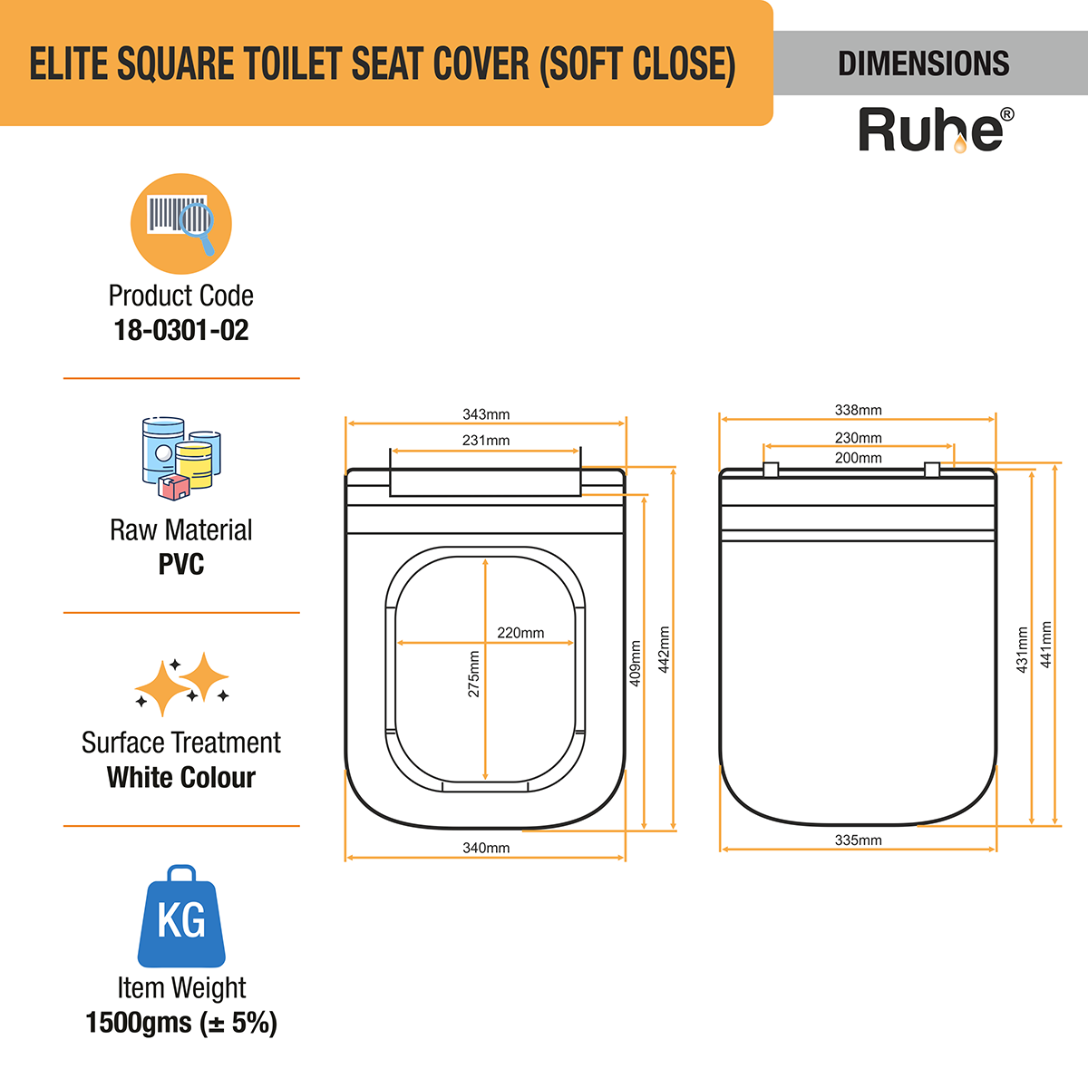 Elite Square Toilet Seat Cover (Soft Close) -  by Ruhe®