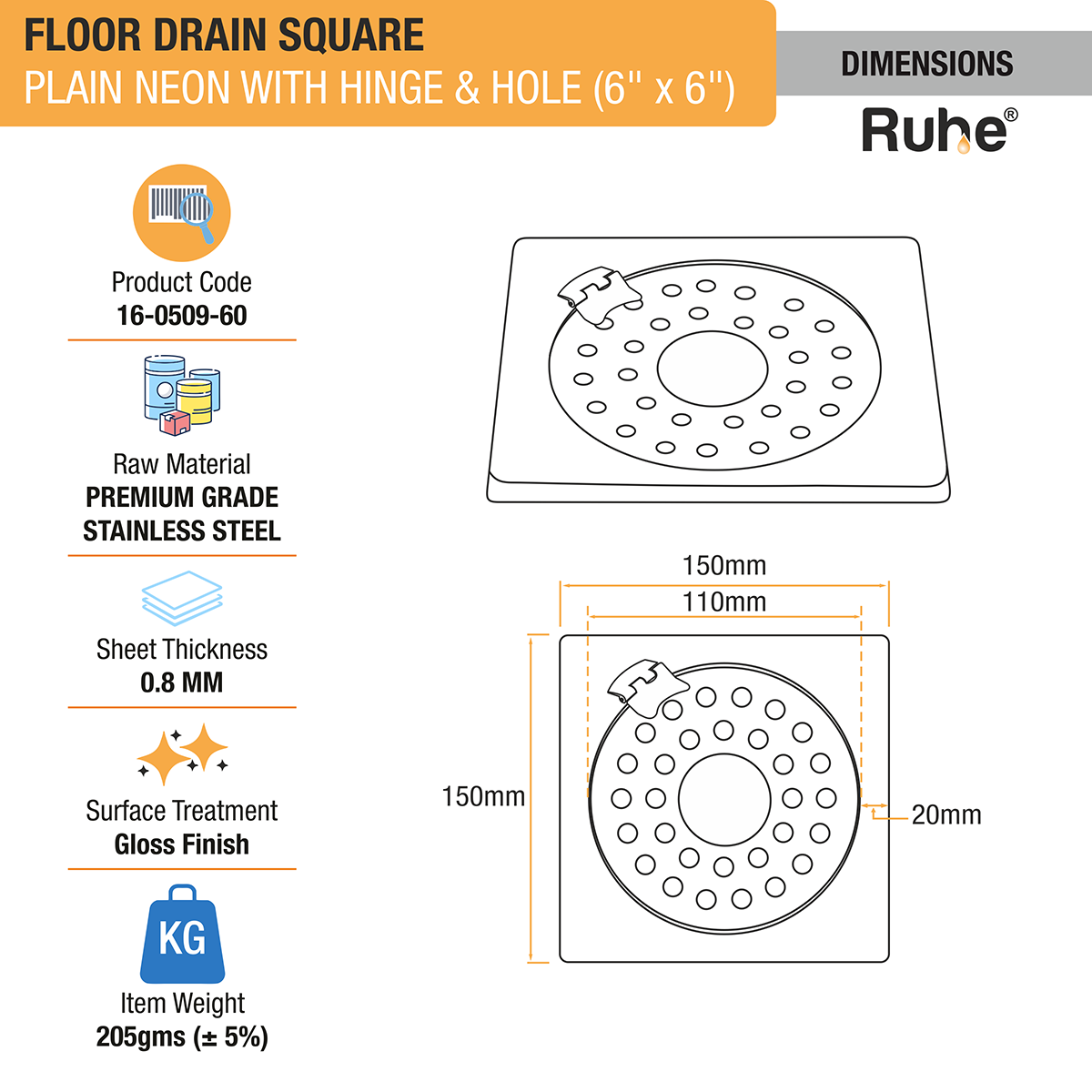 Plain Neon Square Floor Drain (6 x 6 inches) with Hole and Hinged Grating Top - by Ruhe®