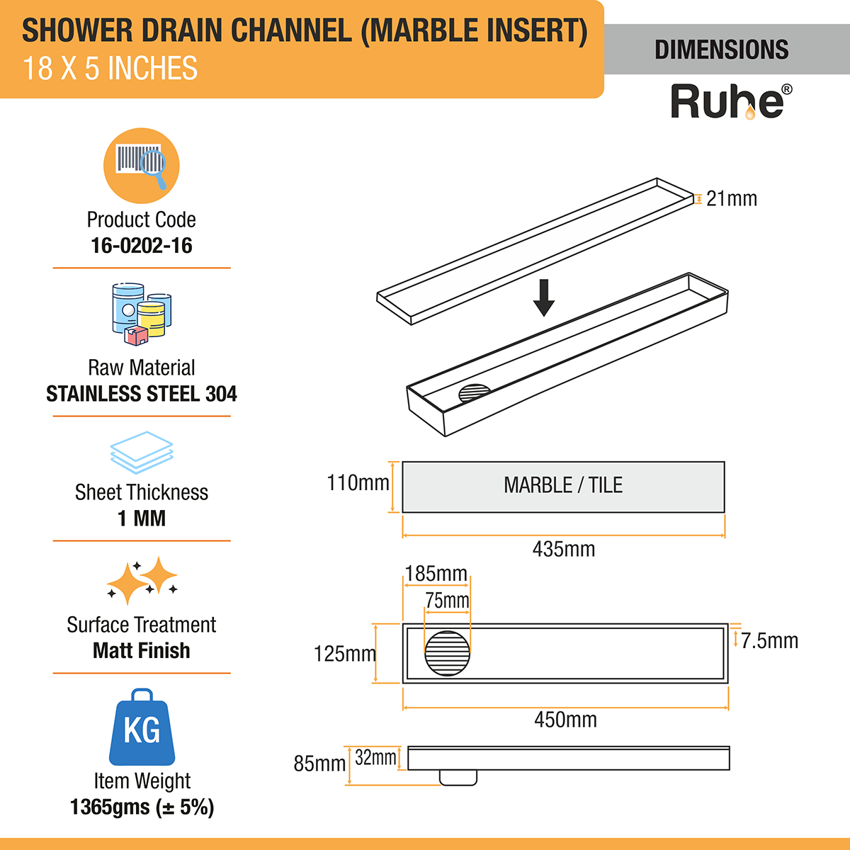 Marble Insert Shower Drain Channel (18 x 5 Inches) with Cockroach Trap (304 Grade) - by Ruhe®