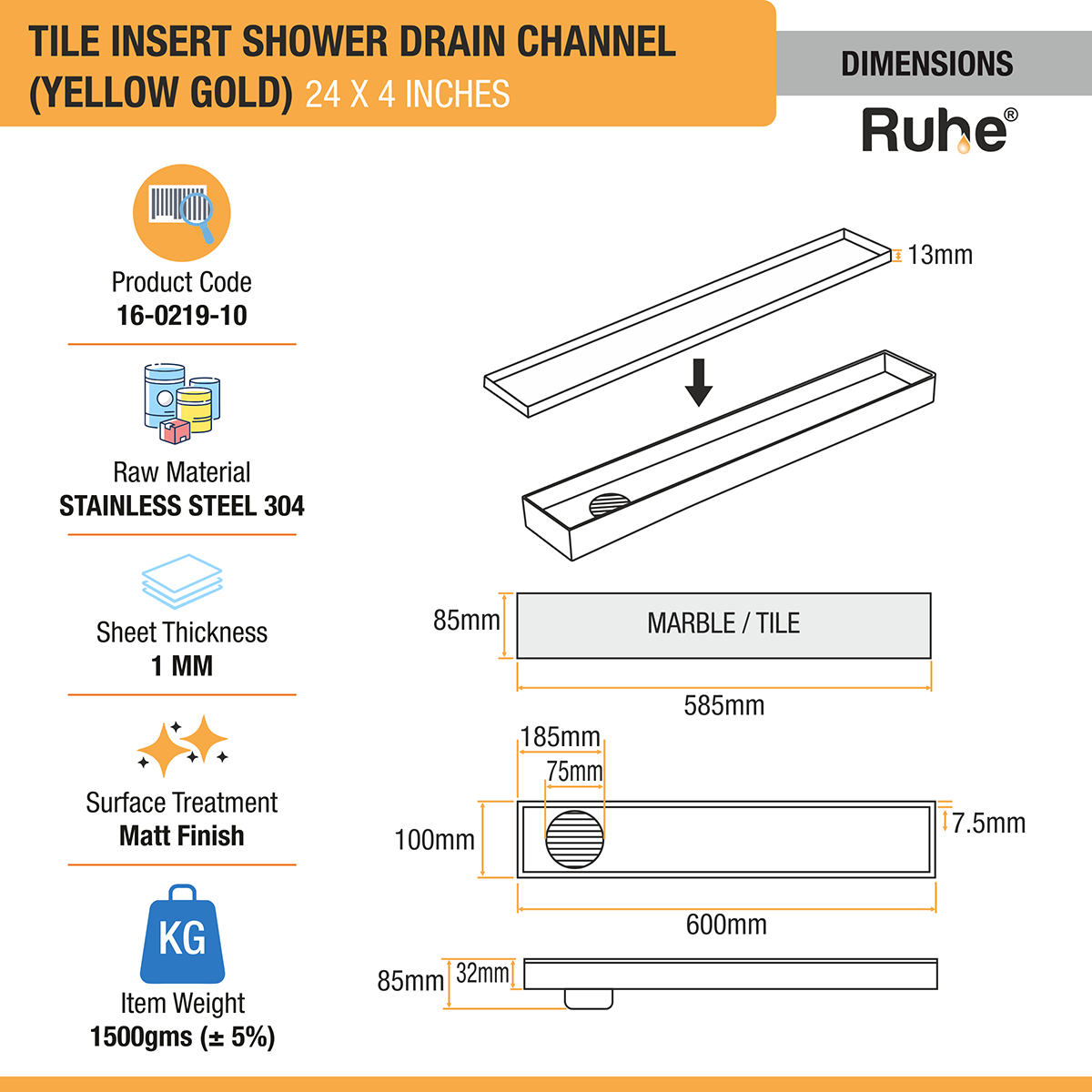 Tile Insert Shower Drain Channel (24 x 4 Inches) YELLOW GOLD PVD Coated - by Ruhe®