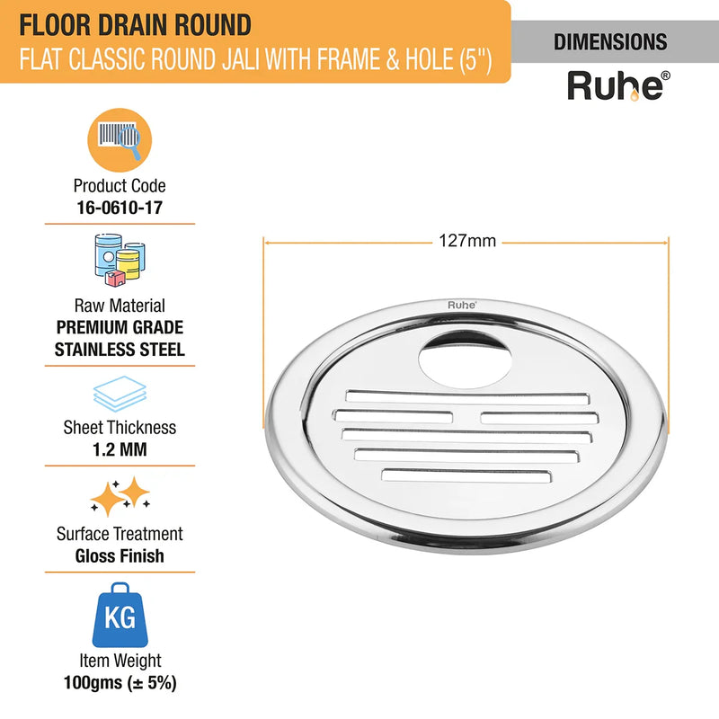 Flat Classic Round Jali Floor Drain (5 inches) with Frame and Hole (Pack of 2) - by Ruhe