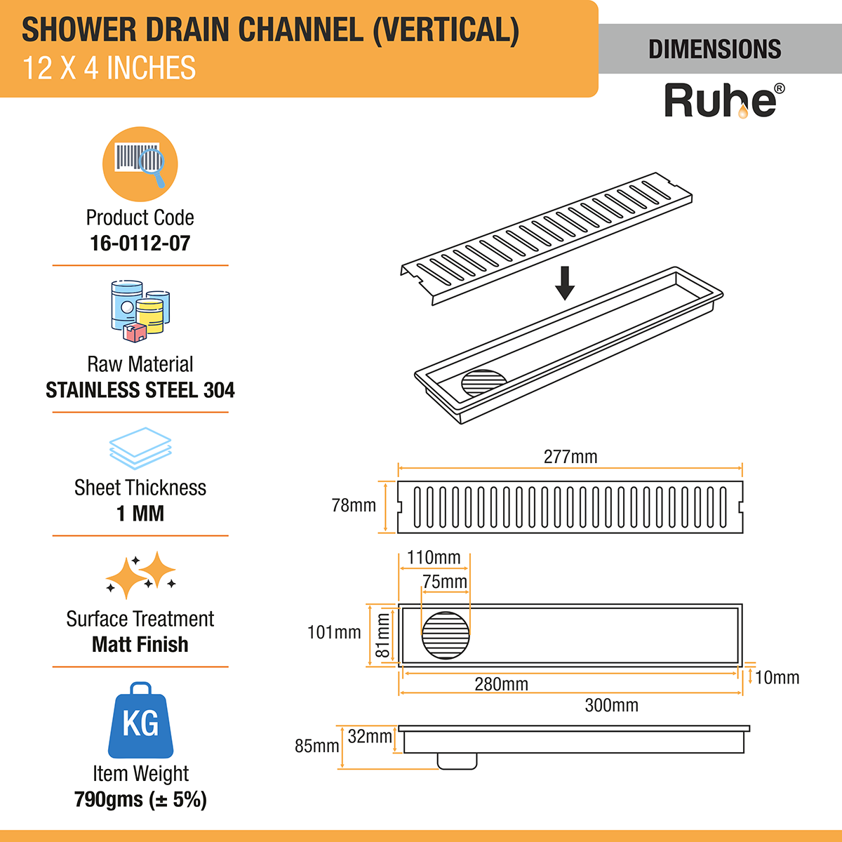 Vertical Shower Drain Channel (12 x 4 Inches) with Cockroach Trap (304 Grade) dimensions and size
