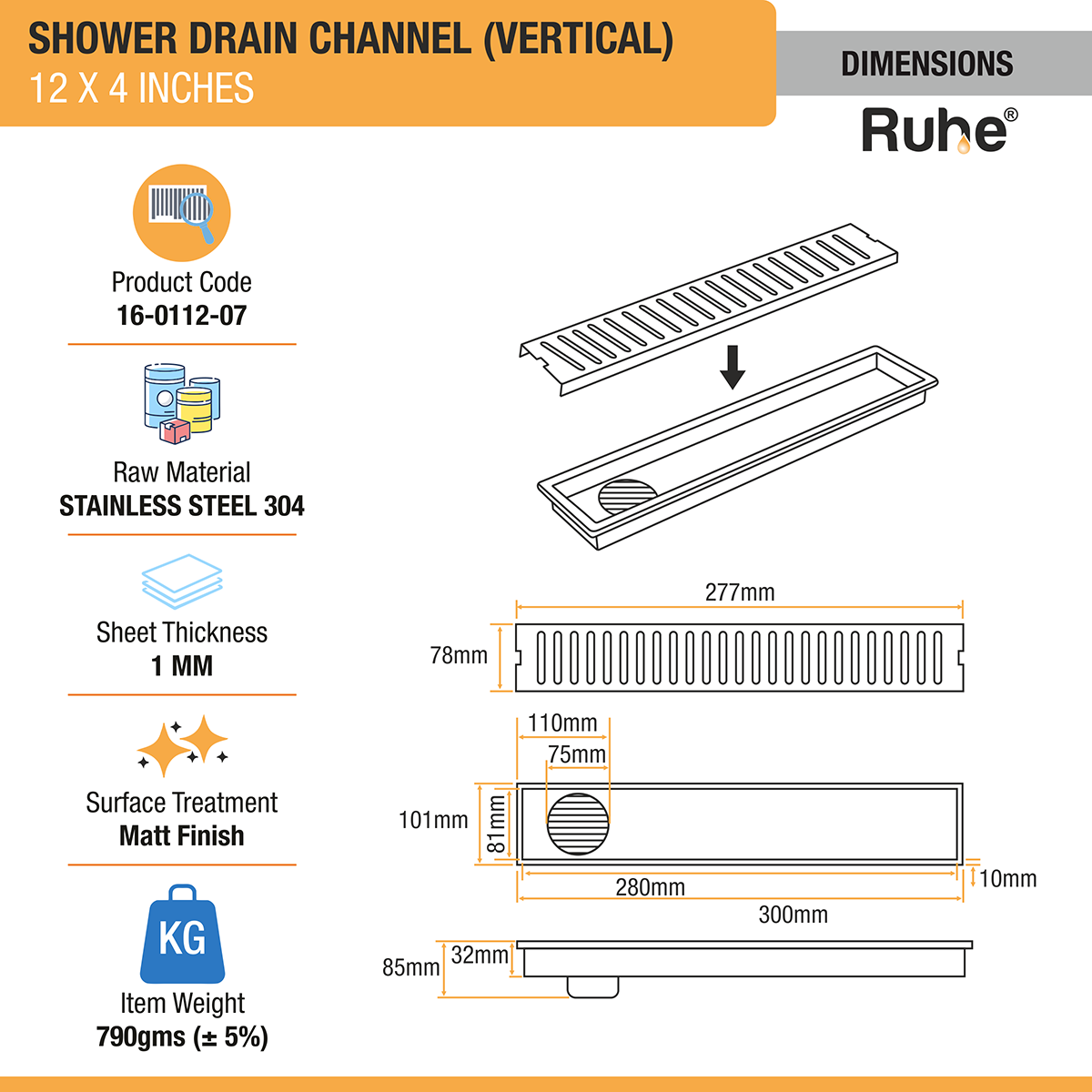 Vertical Shower Drain Channel (12 x 4 Inches) with Cockroach Trap (304 Grade) - by Ruhe®