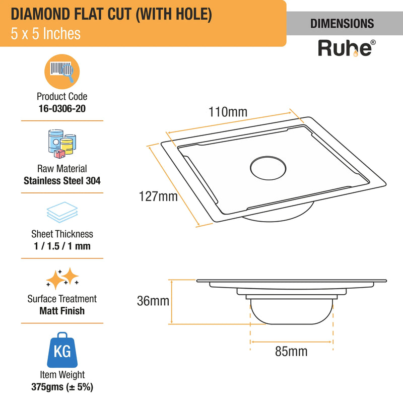 Diamond Square Flat Cut 304-Grade Floor Drain with Hole & Cockroach Trap (5 x 5 Inches) - by Ruhe
