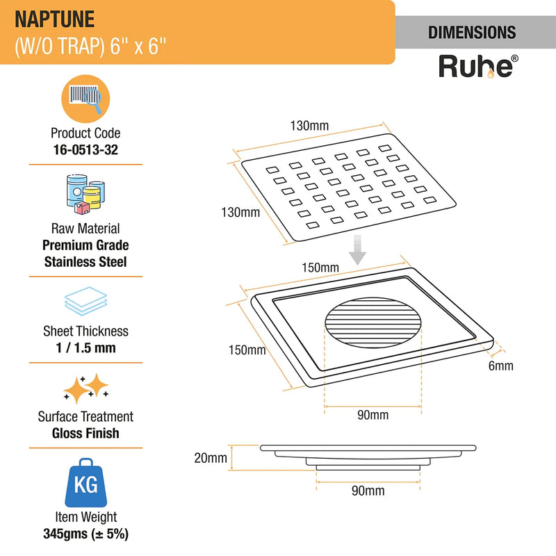 Naptune Square Floor Drain (6 x 6 Inches) - by Ruhe