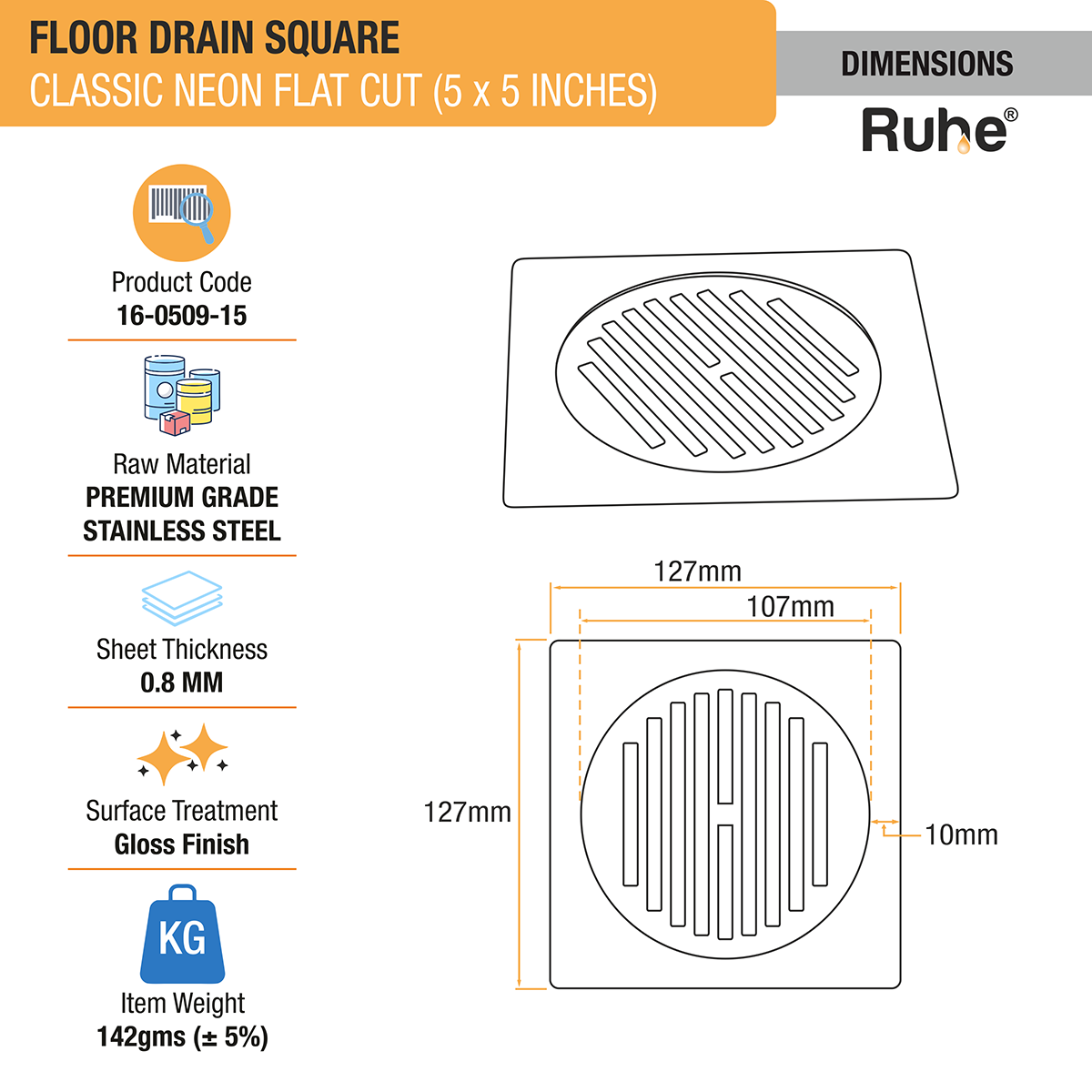 Classic Neon Square Flat Cut Floor Drain (5 x 5 inches) dimensions and size