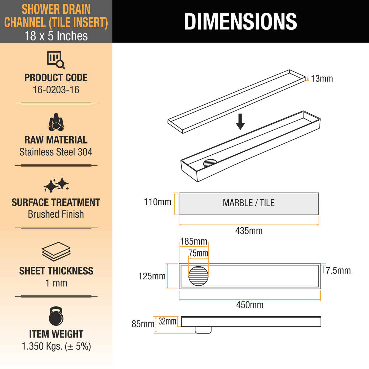 Tile Insert Shower Drain Channel (18 x 5 Inches) with Cockroach Trap (304 Grade) - by Ruhe®