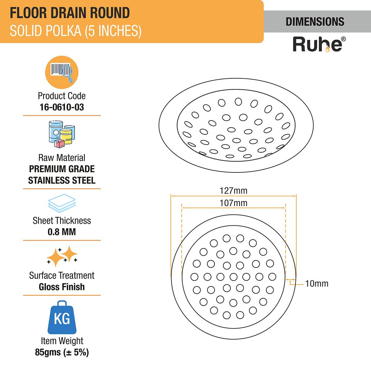 Solid Polka with Collar Round Floor Drain (5 inches) (Pack of 2)- by Ruhe®