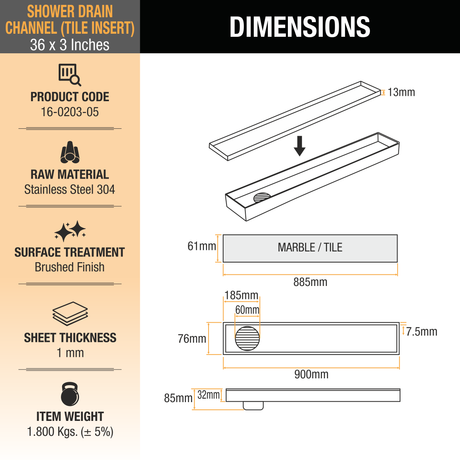 Tile Insert Shower Drain Channel with Cockroach Trap (36 x 3 inches) 2