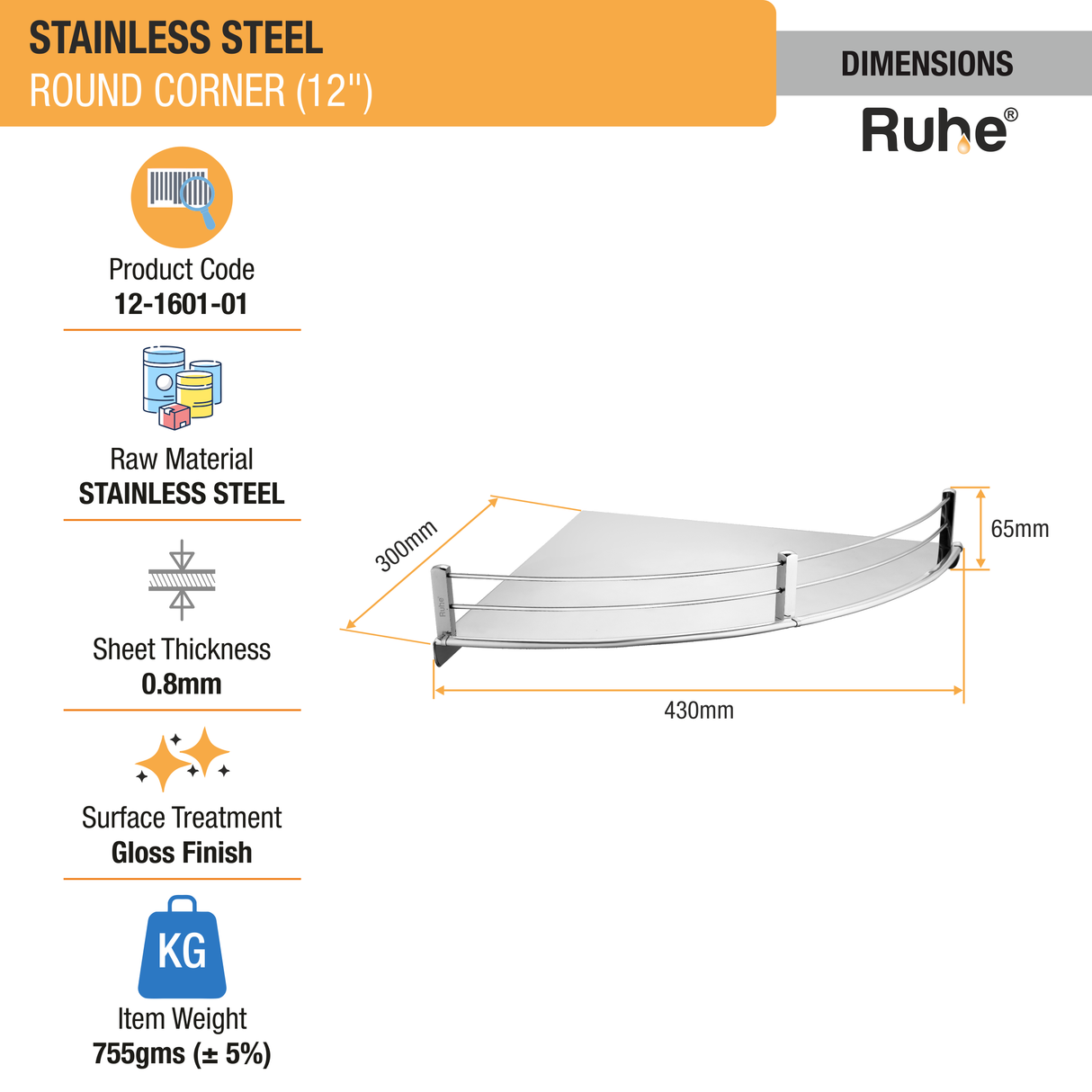 Round Stainless Steel Corner Shelf Tray (12 Inches) - by Ruhe®