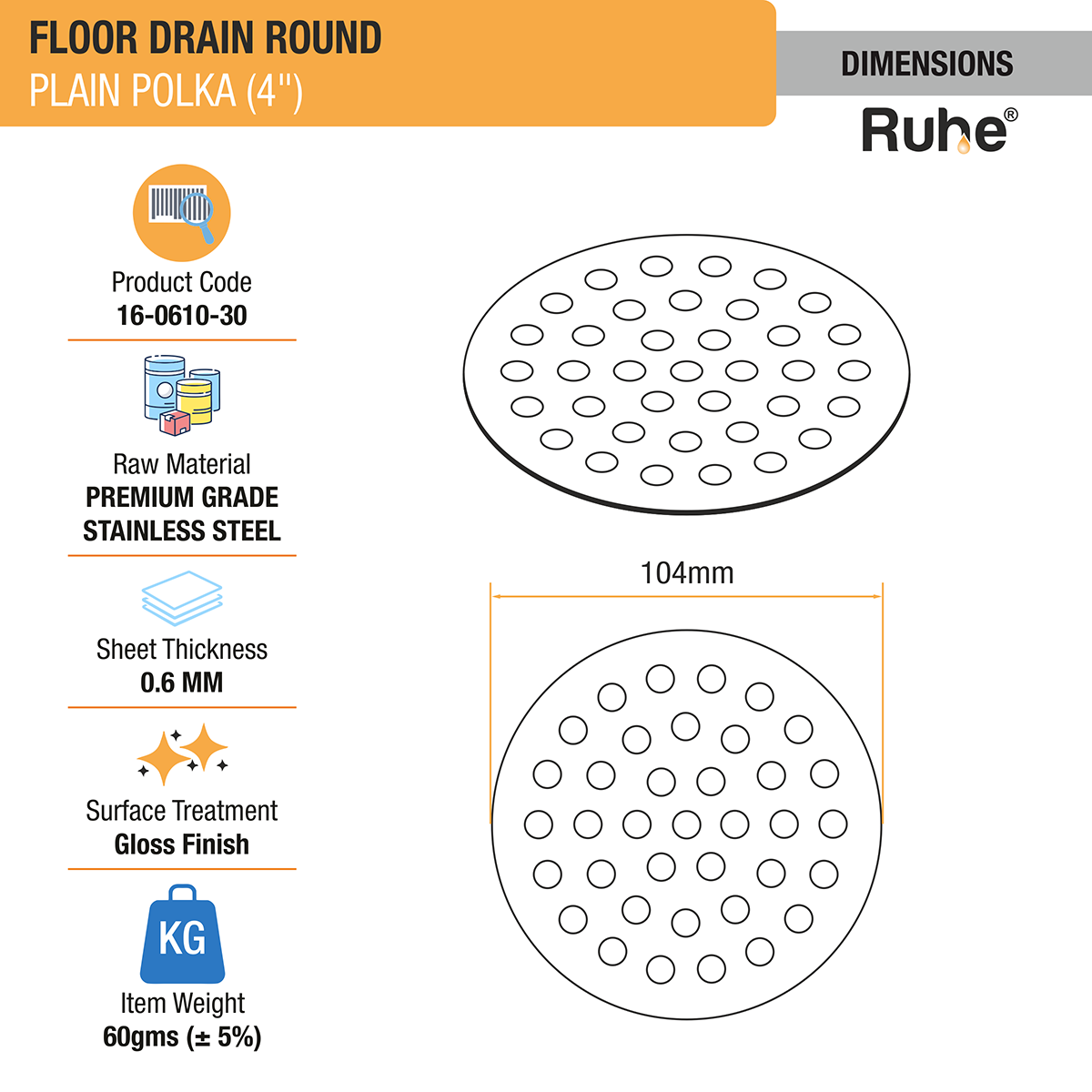 Plain Polka Round Floor Drain (4 Inches) (Pack of 4) - by Ruhe®