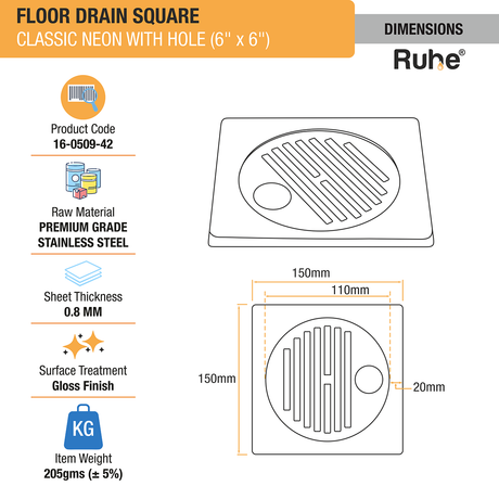 Classic Neon with Collar Square Floor Drain (6 x 6 inches) with Hole dimensions and size