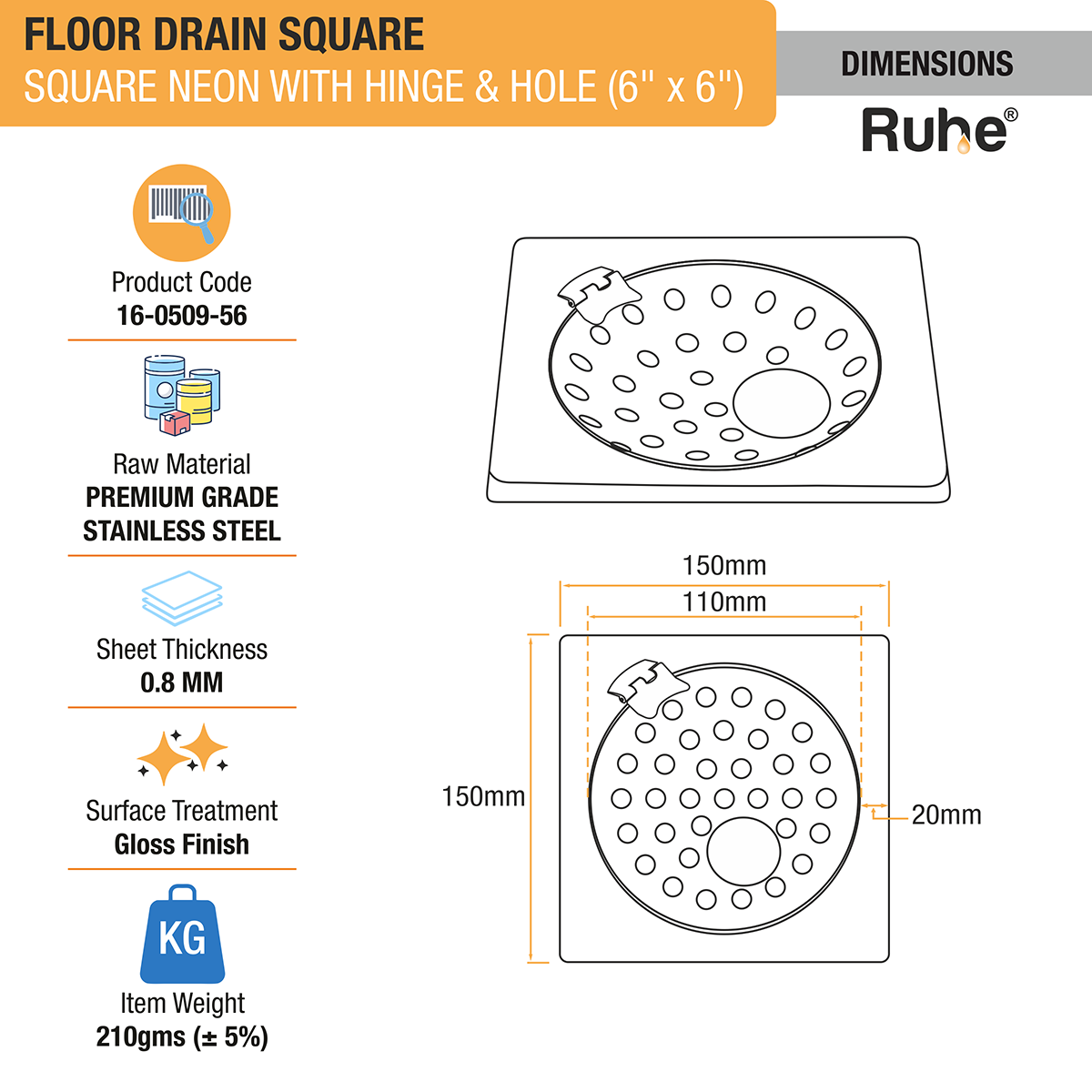 Square Neon Floor Drain (6 x 6 inches) with Hole and Hinged Grating Top - by Ruhe®