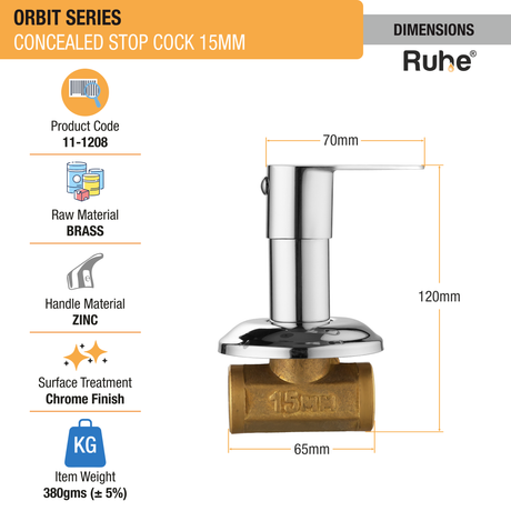 Orbit Concealed Stop Valve Brass Faucet (15mm) dimensions and size