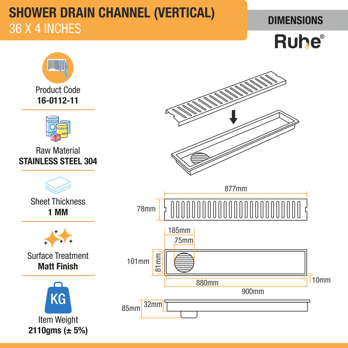 Vertical Shower Drain Channel (36 x 4 Inches) with Cockroach Trap (304 Grade) - by Ruhe®