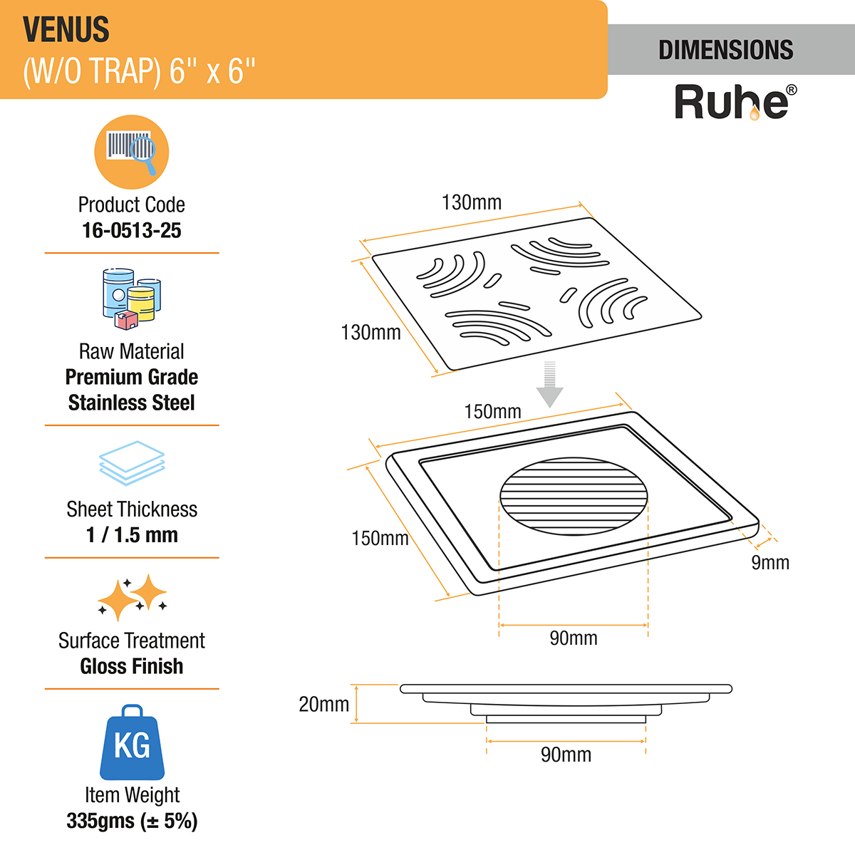 Venus Square Premium Floor Drain (6 x 6 Inches) - by Ruhe®