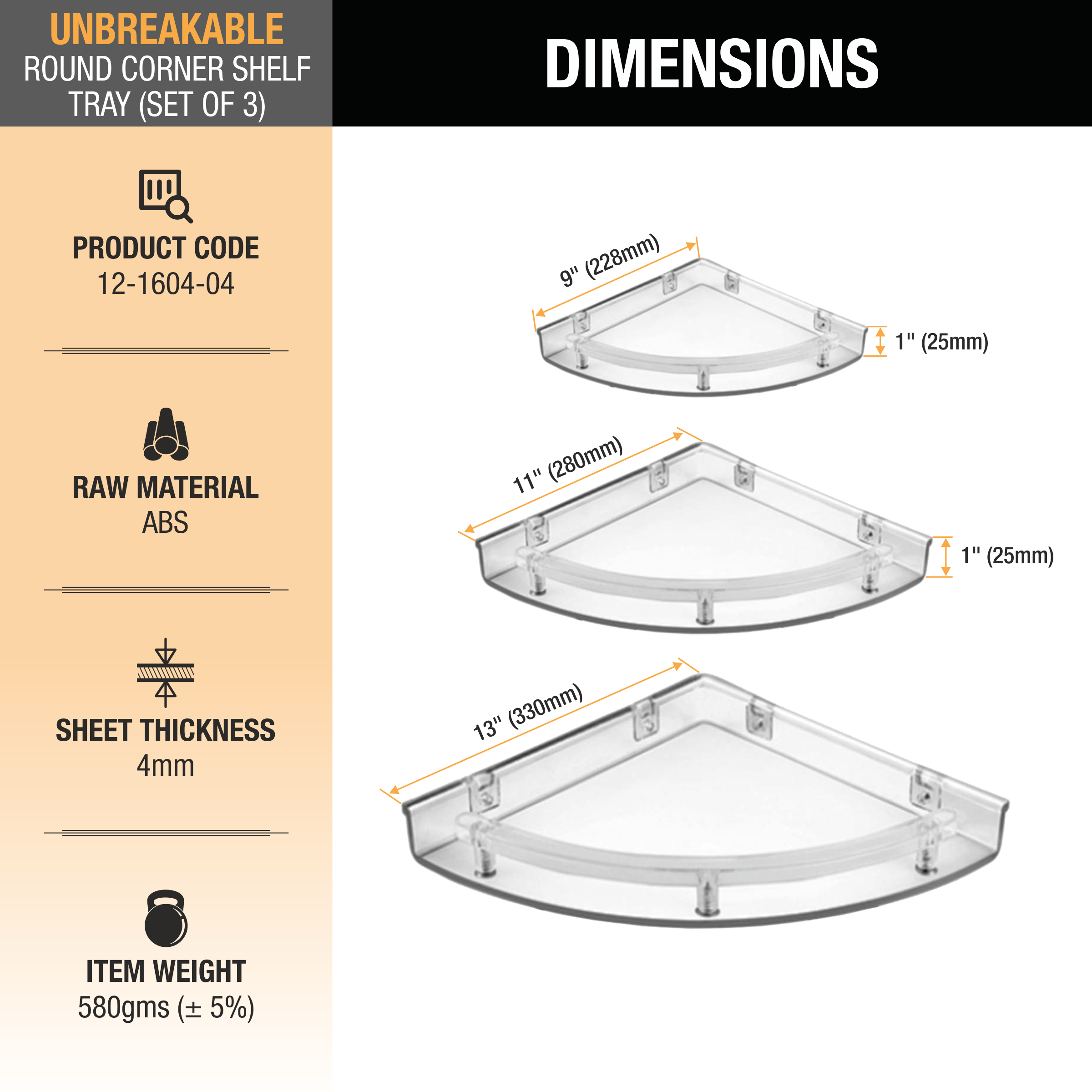 Round ABS Corner Shelf Tray (Set of 3) dimensions and size