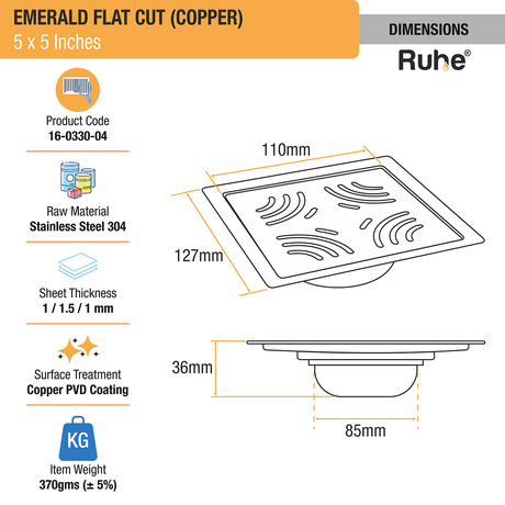 Emerald Square Flat Cut Floor Drain in Antique Copper PVD Coating (5 x 5 Inches) dimensions and size