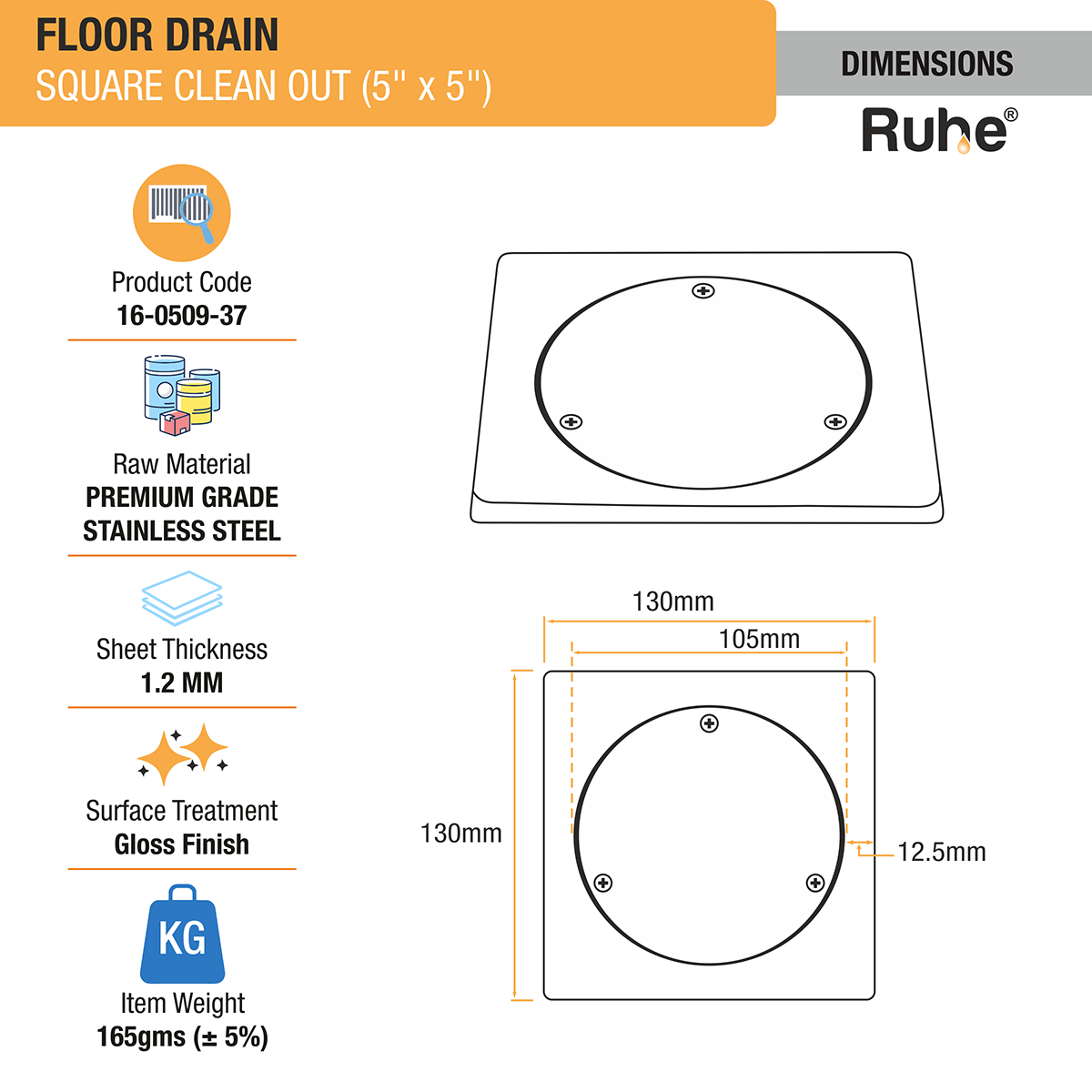 Square Clean Out with Collar Floor Drain (5 x 5 inches)- by Ruhe®