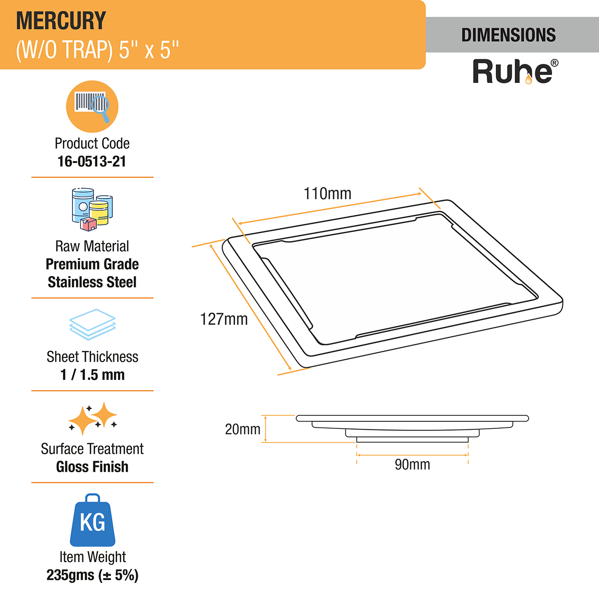 Mercury Square Premium Floor Drain (5 x 5 Inches) - by Ruhe®